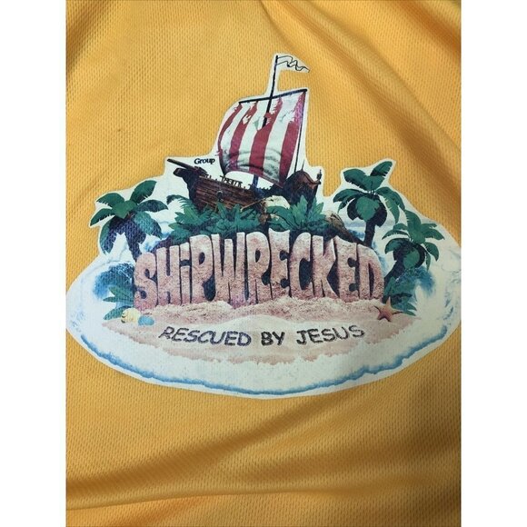 Tangerine Athletic Shipwrecked Mens S T-Shirt Yellow Black Rescued By Jesus - Picture 4 of 5